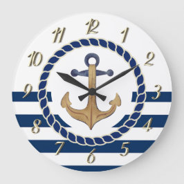 Nautical Boat Name,Retro Anchor Navy Blue Striped Grote Klok