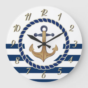 Nautical Boat Name,Retro Anchor Navy Blue Striped Grote Klok