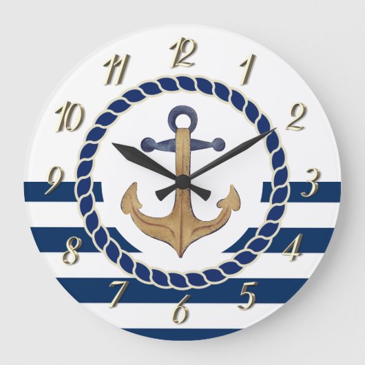 Nautical Boat Name,Retro Anchor Navy Blue Striped Grote Klok (Voorkant)