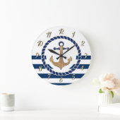 Nautical Boat Name,Retro Anchor Navy Blue Striped Grote Klok (Huis)