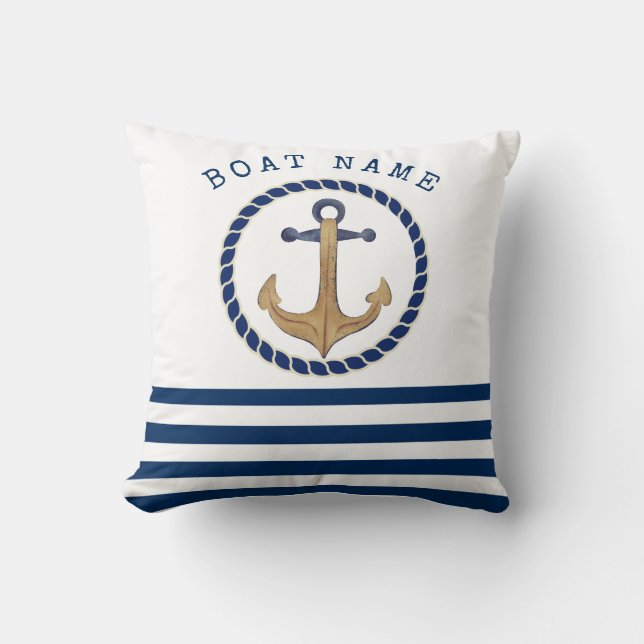 Nautical Boat Name,Retro Anchor Navy Blue Striped Kussen (Voorkant)