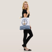 Nautical Boat Name,Retro Anchor Navy Blue Striped Tote Bag (Op model)