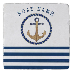Nautical Boat Name,Retro Anchor Navy Blue Striped Trivet