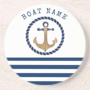 Nautical Boat Name,Retro Anchor Navy Blue Striped Zandsteen Onderzetter