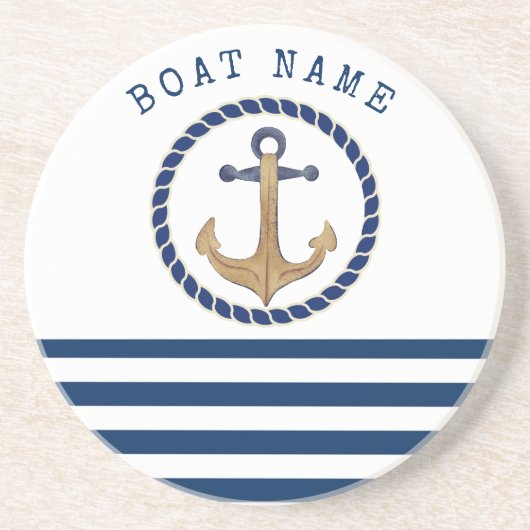 Nautical Boat Name,Retro Anchor Navy Blue Striped Zandsteen Onderzetter (Voorkant)