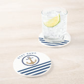 Nautical Boat Name,Retro Anchor Navy Blue Striped Zandsteen Onderzetter (Zijkant)