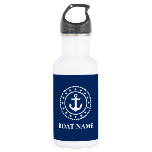 Nautical boat Name Stars Anchor Rope Navy Blue Waterfles (Voorkant)