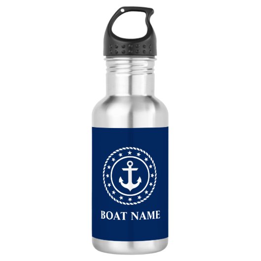 Nautical boat Name Stars Rope Anchor Navy Blue Waterfles (Voorkant)