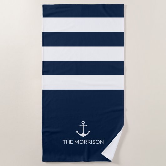 Nautical Boat Name white anchor marine blue Stripe Strandlaken (Voorkant)