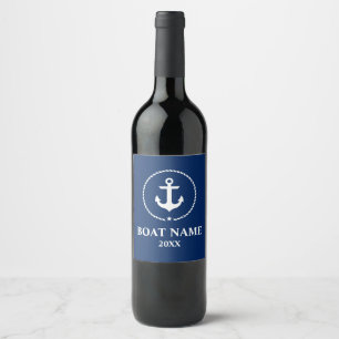 Nautical Boat Name Year Anchor Rope Navy Blue Wijn Etiket