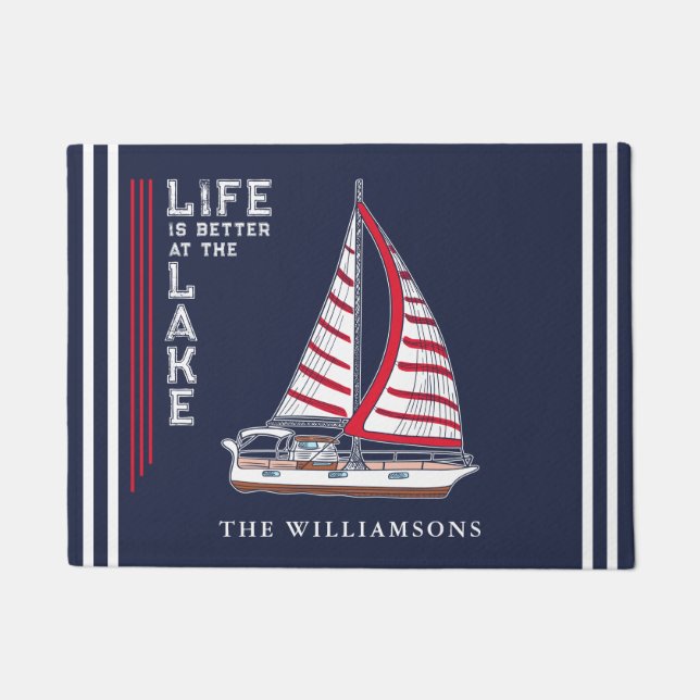 Nautical Boat Navy Blue Life is Beter bij het meer Deurmat (Voorkant)