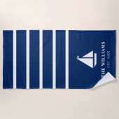 Nautical Boat Navy Blue Striped Add Name Text Strandlaken (Voorkant)