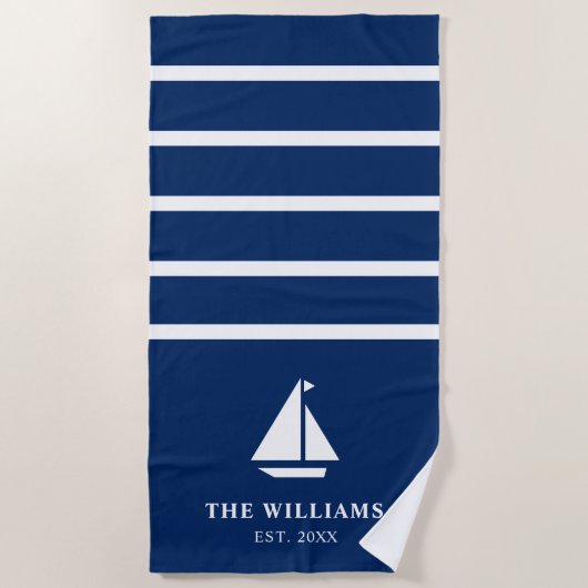 Nautical Boat Navy Blue Striped Add Name Text Strandlaken (Voorkant)