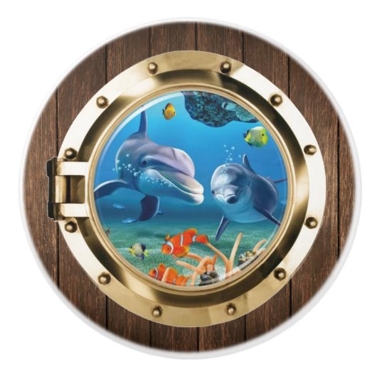 Nautical Boat Porthole Underwater Ocean Dolphin Keramische Knop (Voorkant)
