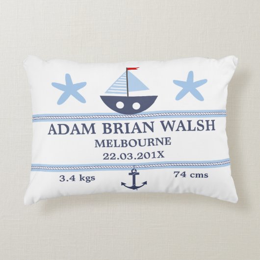 Nautical Boat Starfish Birth Announounhion Cushion Accent Kussen (Voorkant)