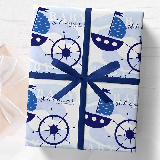 Nautical Boat Wheel Baby shower Navy Blue Cadeaupapier