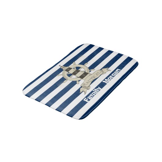 Nautical,Boat Wheel,Blue en White Stripes Badmat (Gekanteld)