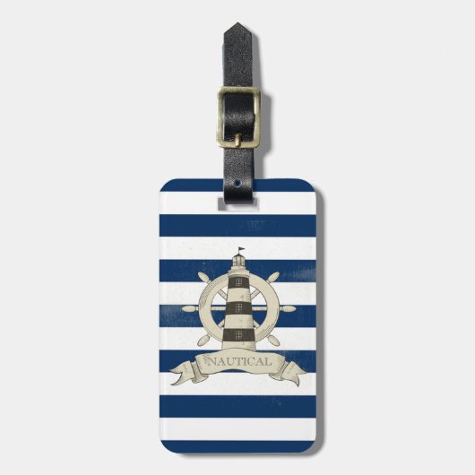 Nautical,Boat Wheel,Blue en White Stripes Bagagelabel (Voorkant verticaal)
