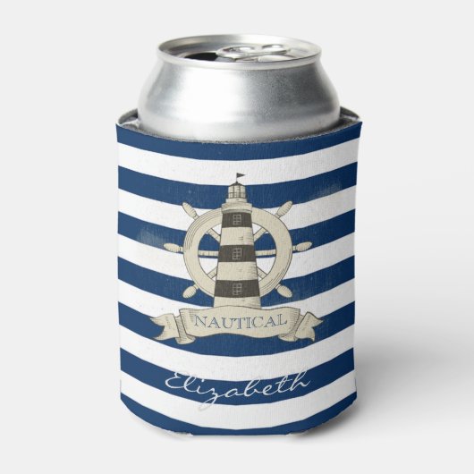 Nautical,Boat Wheel,Blue en White Stripes Blikjeskoeler (Blikje Voorkant)