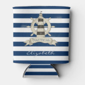 Nautical,Boat Wheel,Blue en White Stripes Blikjeskoeler (Voorkant)