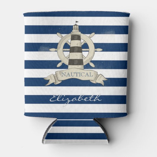 Nautical,Boat Wheel,Blue en White Stripes Blikjeskoeler (Voorkant)