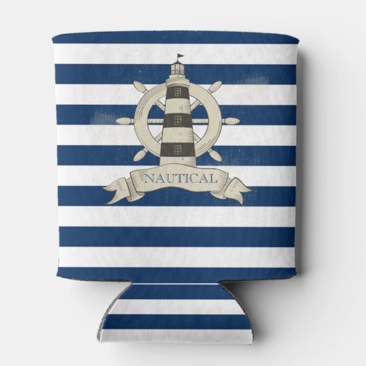 Nautical,Boat Wheel,Blue en White Stripes Blikjeskoeler (Achterkant)