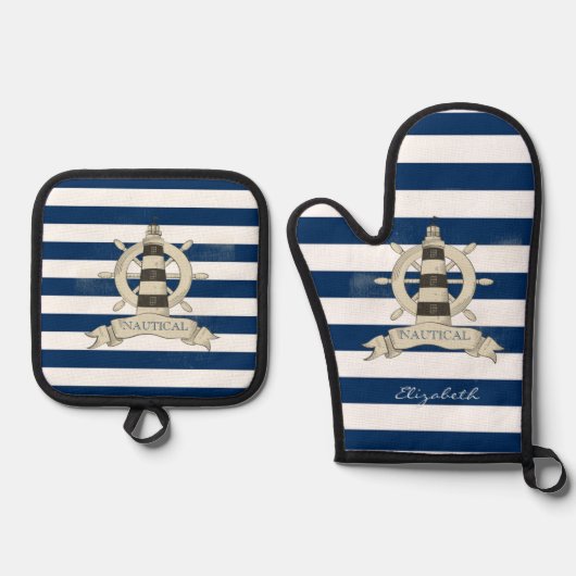 Nautical,Boat Wheel,Blue en White Stripes Ovenwant & Pannenlap Set (Voorkant)