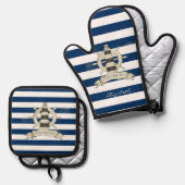 Nautical,Boat Wheel,Blue en White Stripes Ovenwant & Pannenlap Set (Voorkant / Achterkant)