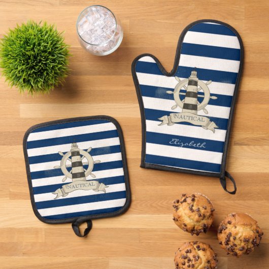 Nautical,Boat Wheel,Blue en White Stripes Ovenwant & Pannenlap Set (Top down)
