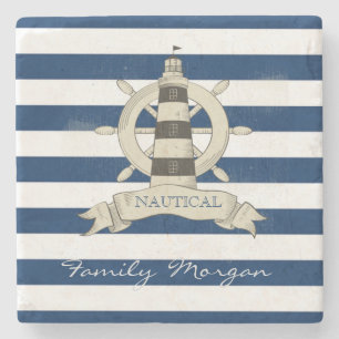 Nautical,Boat Wheel,Blue en White Stripes Stenen Onderzetter