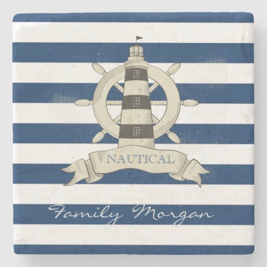 Nautical,Boat Wheel,Blue en White Stripes Stenen Onderzetter (Voorkant)