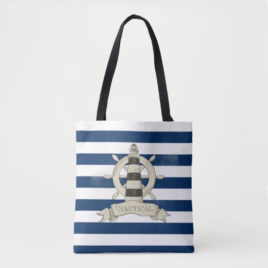 Nautical,Boat Wheel,Blue en White Stripes Tote Bag (Voorkant)