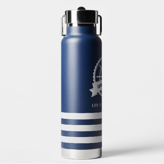 Nautical Boat Wheel Nave Blue Waterfles (Voorkant)