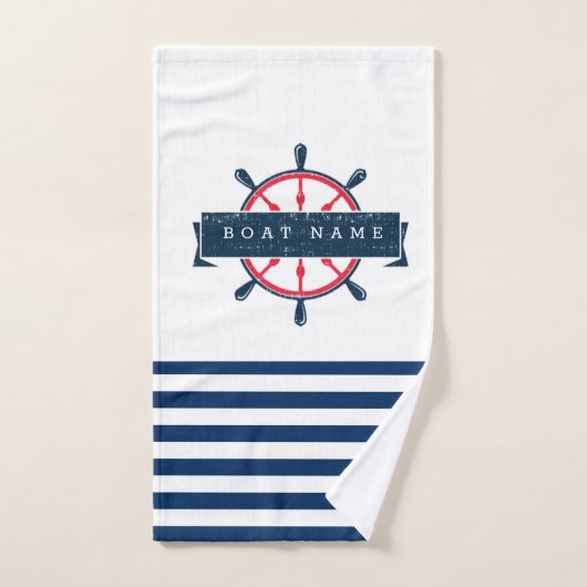 Nautical Boat Wheel, Navy Blue Striped Bad Handdoek (Handdoek)