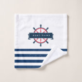 Nautical Boat Wheel, Navy Blue Striped Bad Handdoek (Wasdoekje)