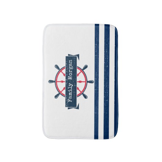 Nautical Boat Wheel, Navy Blue Striped Badmat (Voorkant Verticaal)