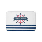 Nautical Boat Wheel, Navy Blue Striped Badmat (Voorkant)