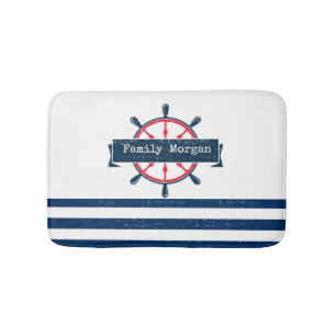 Nautical Boat Wheel, Navy Blue Striped Badmat