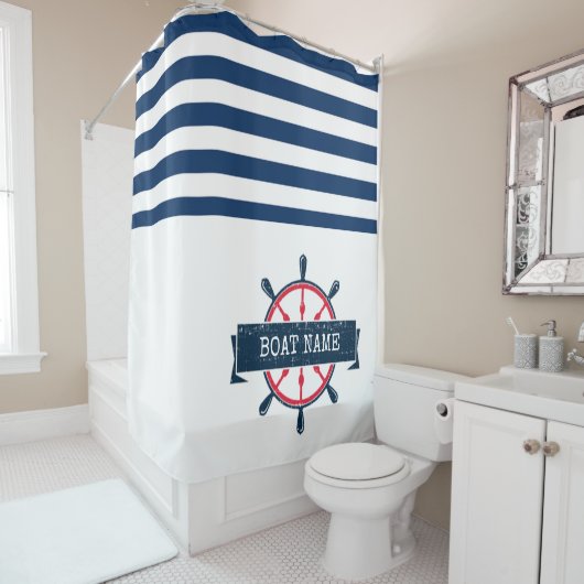 Nautical Boat Wheel, Navy Blue Striped Douchegordijn (In situ)