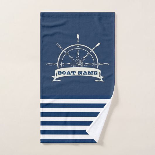 Nautical Boat Wheel, Navy Blue Stripes Bad Handdoek (Handdoek)