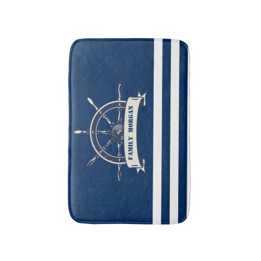 Nautical Boat Wheel, Navy Blue Stripes Badmat (Voorkant Verticaal)