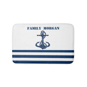 Nautical Boat Wheel, Navy Blue Stripes Badmat