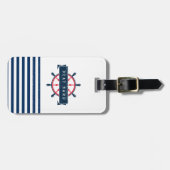 Nautical Boat Wheel, Navy Blue Stripes Bagagelabel (Voorkant horizontaal)