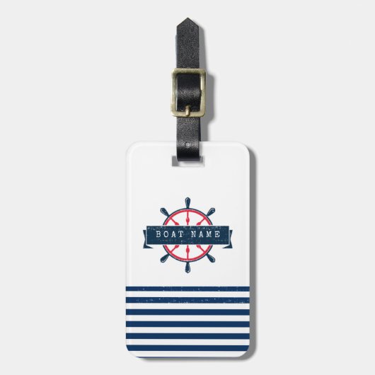 Nautical Boat Wheel, Navy Blue Stripes Bagagelabel (Voorkant verticaal)
