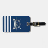 Nautical Boat Wheel, Navy Blue Stripes Bagagelabel (Voorkant horizontaal)