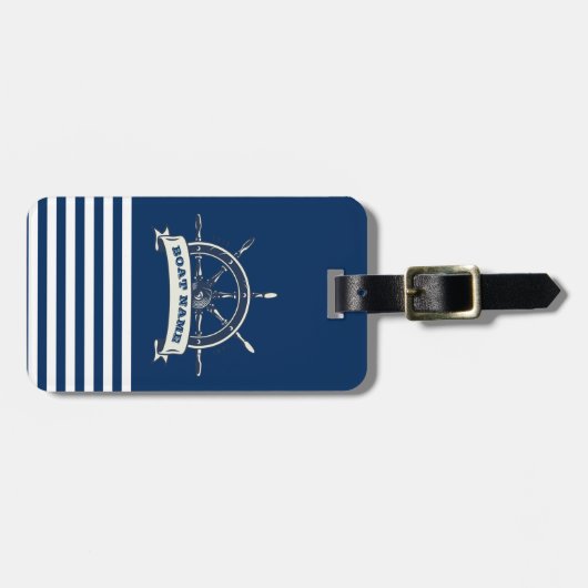 Nautical Boat Wheel, Navy Blue Stripes Bagagelabel (Voorkant horizontaal)