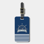 Nautical Boat Wheel, Navy Blue Stripes Bagagelabel (Voorkant verticaal)