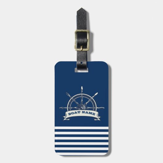 Nautical Boat Wheel, Navy Blue Stripes Bagagelabel (Voorkant verticaal)