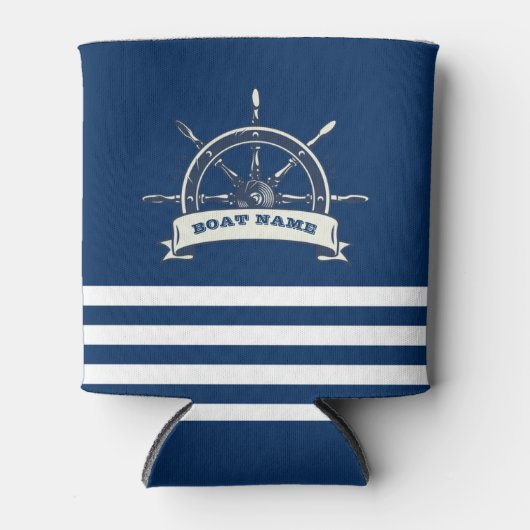 Nautical Boat Wheel, Navy Blue Stripes Blikjeskoeler (Voorkant)
