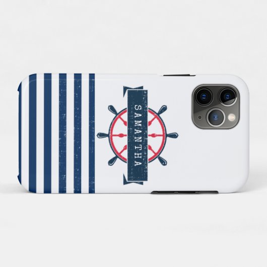 Nautical Boat Wheel, Navy Blue Stripes Case-Mate iPhone Case (Achterkant (horizontaal))
